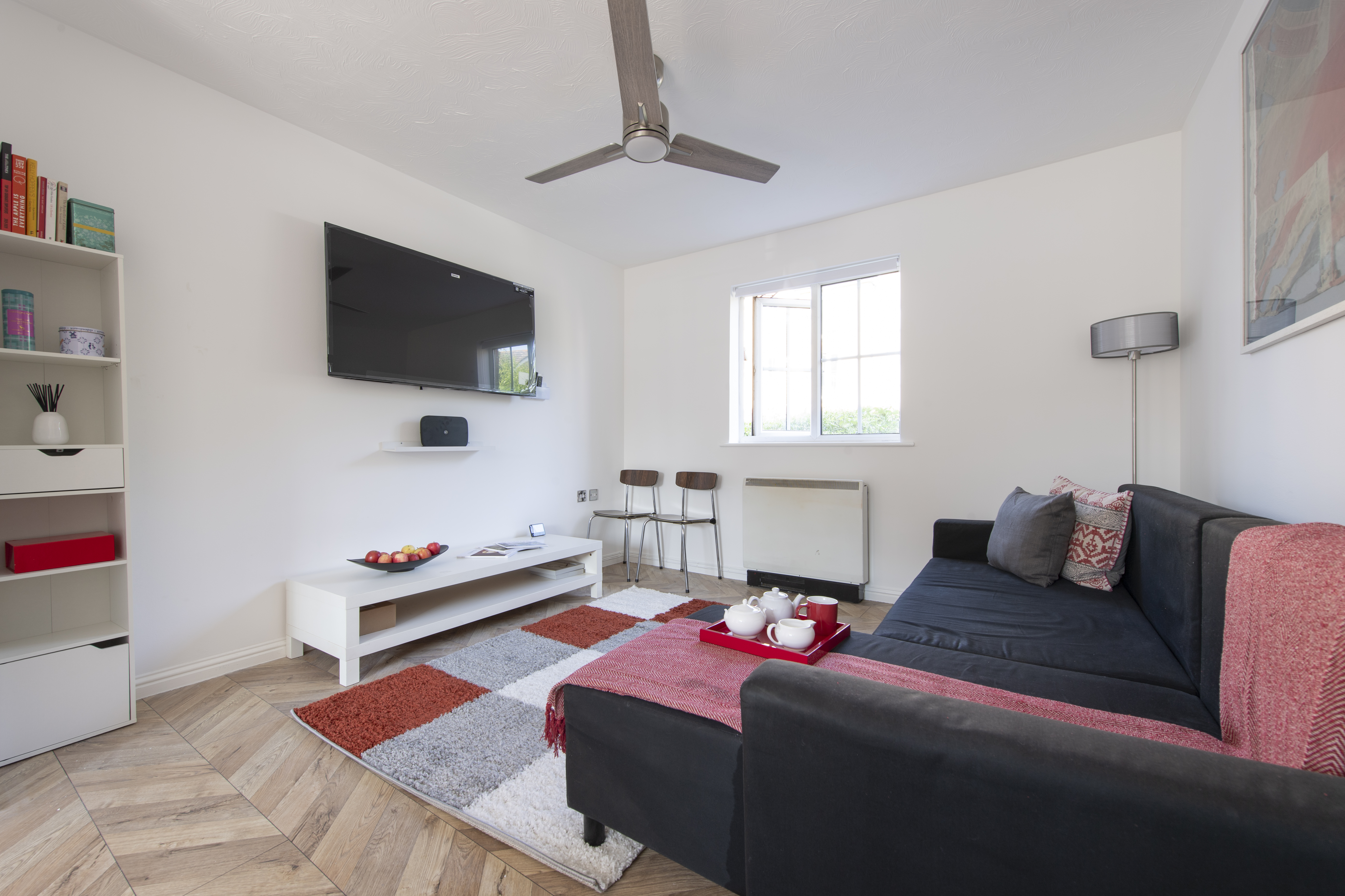Living room styled and cleaned, ready for guests